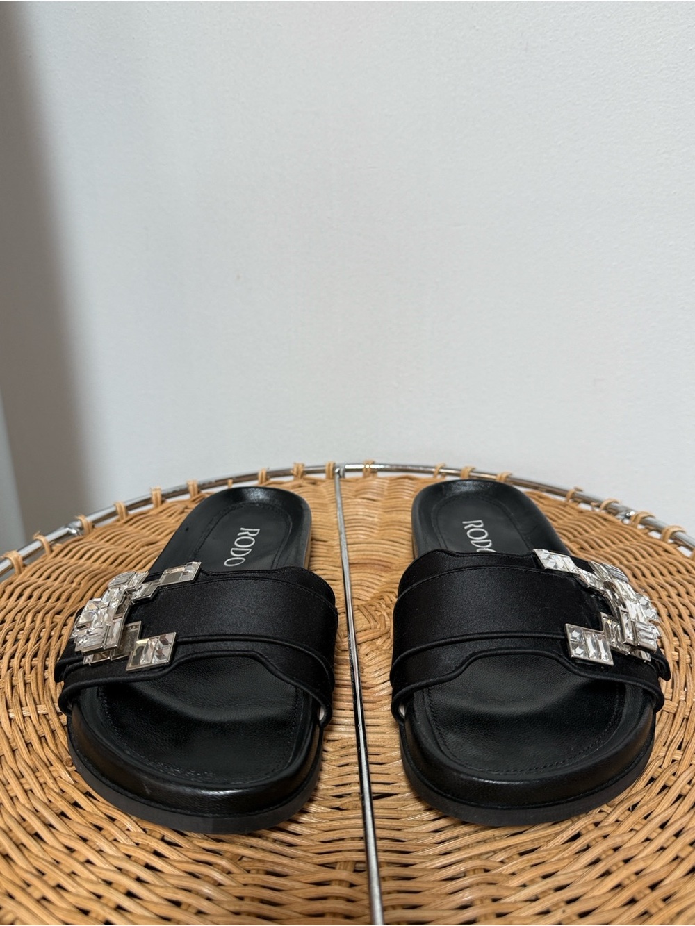 Rodo Black Satin Slide Sandals with Crystal Accents